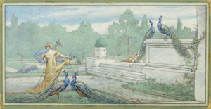 Grasveld met pauwen, zonlicht door Walter Shirlaw